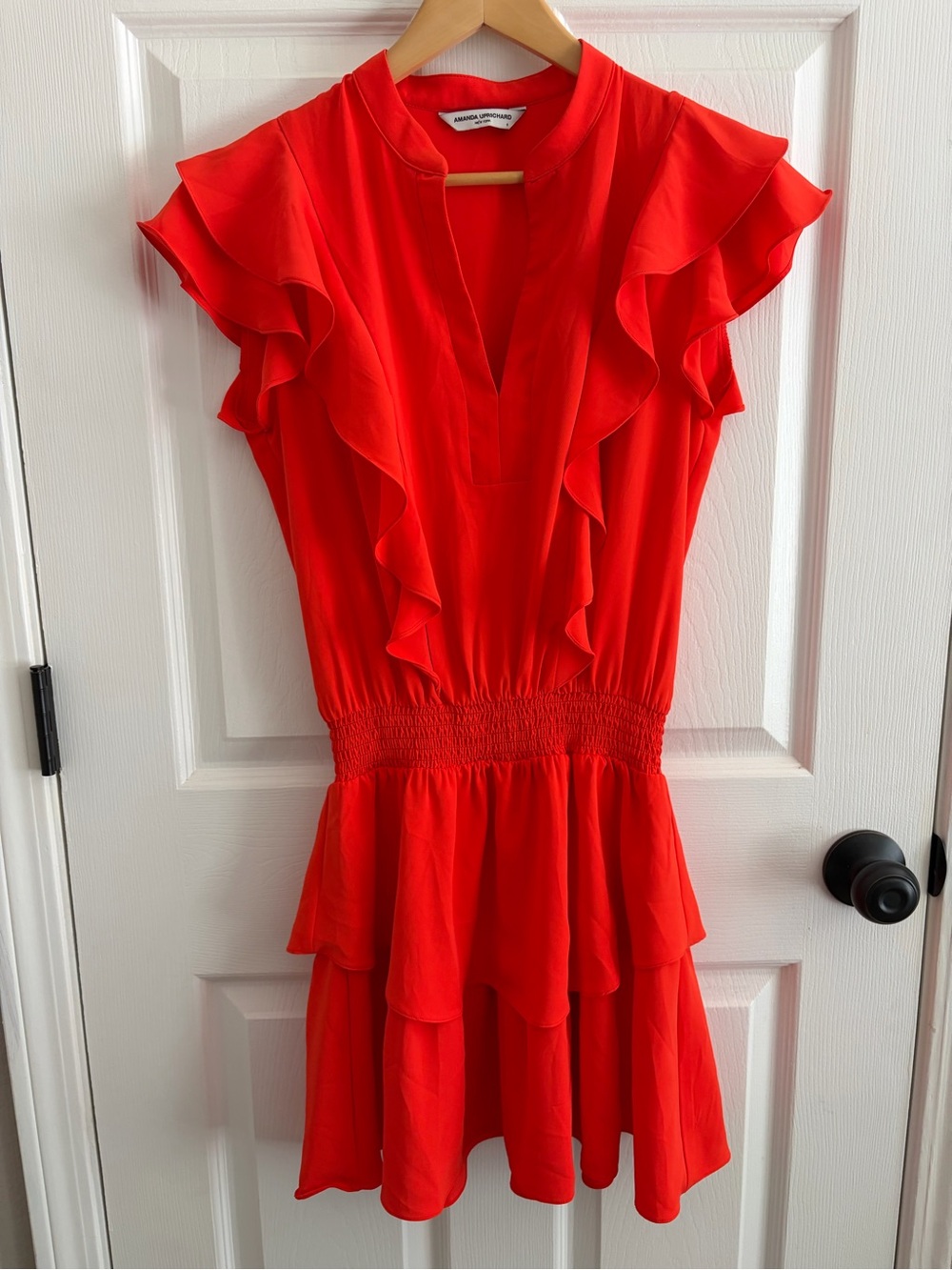Amanda Uprichard Women’s Orange Ruched Waist Ruffle Mini Dress - Size S